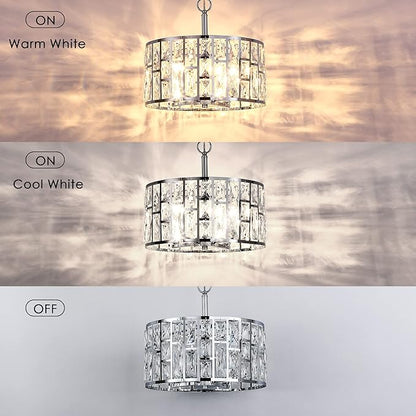 MEXO Farmhouse Crystal Convertible Chandelier and Semi Flush Mount Lighting Chrome Cylinder Drum Shade Pendant for Kitchen Island Dining Room Bedroom Hallway