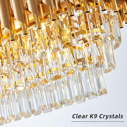 Modern Rectangular Chandelier Gold Crystal Chandeliers for Dining Room, 10-Light Pendant Light Fixture Oval Contemporary Ceiling Hanging Light for Kitchen