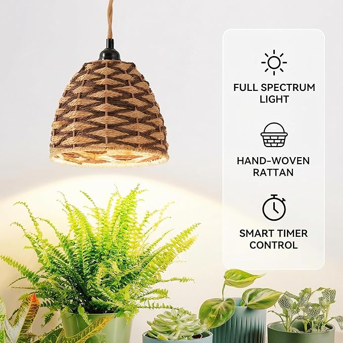 30W Hanging Grow Light for Indoor Plants, 3500 Lumens Full Spectrum Pendant Lamp with Timer, Hand-Woven Paper Rope Shade, 4000K Decorative LED Growing Light for Plant Shelves & Propagation, 15FT Cord