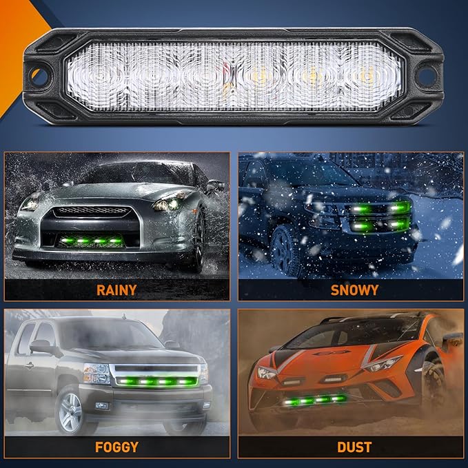 Nilight 4PCS 6LED Green White Emergency Strobe lights 12V 24V Surface Mount Flashing Warning Hazard Light Ultra Slim Sync Feature Grille for Cars Trucks Van Off Road Vehicles SUV
