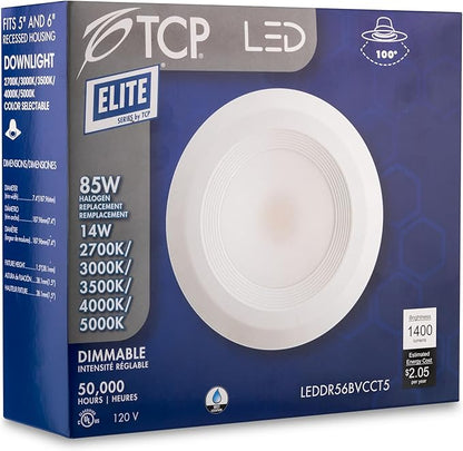 TCP LEDDR56BVCCT5 5/6 Inch LED Beveled Downlight - 50,000 Hour Life, Selectable CCT 27K-50K, 1400 Lumens, 14W, TRIAC Dimmable, E26 Adapter, UL Approved for Damp Locations, Easy Install Ceiling Light