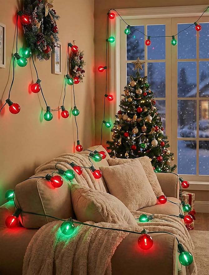 G40 LED Christmas String Lights, 50FT Christmas G40 String Lights with 27 Shatterproof LED Clear Red Green Bulbs, Xmas Outdoor Decoration Lights for Patio Backyard Roofline Garden Yard