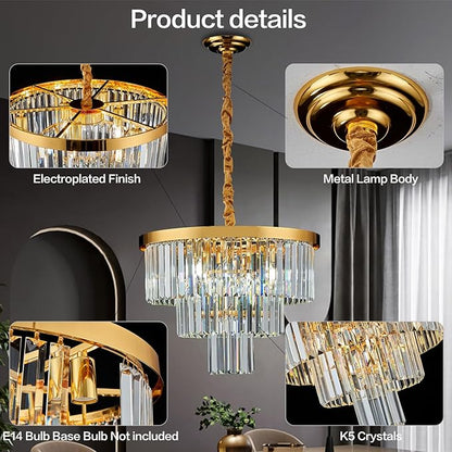 Gold Crystal Chandelier 20" Modern Chandelier 3 Tiers 6 Lights Pendant Lighting Crystal Ceiling Light Round Chandelier for Dining Room Kitchen Island Living Room Entryway Bedroom Office