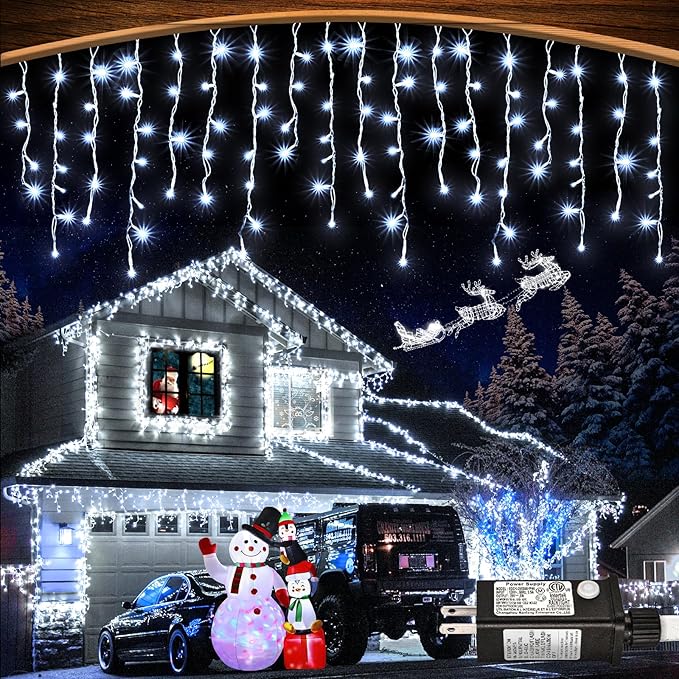 99ft 1216LED Icicle Lights for Outside, White Christmas Lights for House Patio Yard Porch Backyard Holiday Garden Xmas Exterior Decoration, Waterproof Twinkle Cluster Light Hanging Light All Year
