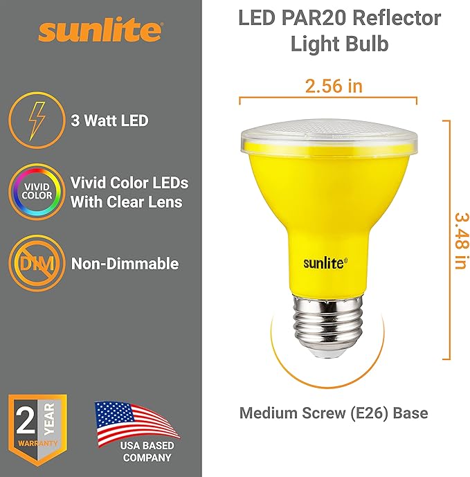 Sunlite 81466 LED PAR20 Colored Recessed Light Bulb, 3 Watt (50w Equivalent), Medium (E26) Base, Floodlight, ETL Listed, Yellow, 1 Count