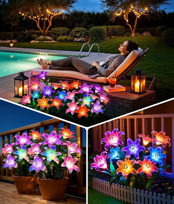LETMY Solar Garden Lights, 2 Pack Solar Flower Lights with 6 Head Bigger Lily Lights, IP65 Waterproof Solar Lights Outdoor, Decorative Lights for Garden, Patio, Yard