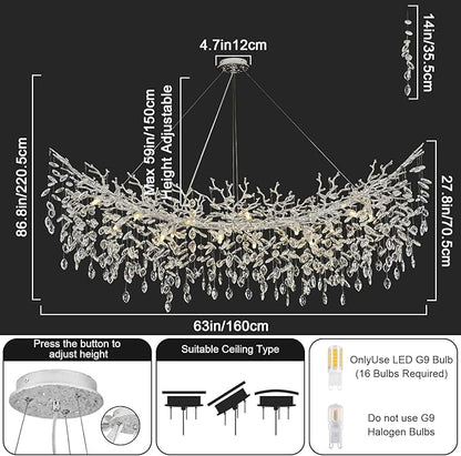 Modern Crystal Silver Chandeliers,63" Large Rectangular Dining Room Over Table Chandelier, Tree Branch Crystal Lving Room Chandelier for High Ceiling,Kitchen Island