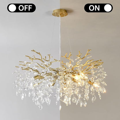 EGM Gold Tree Branch Crystal Chandelier, 32 Inch Modern Raindrop Crystal Ceiling Light Fixtures 10-Light(E12), Hanging Round Chandeliers for Dining Room Living Room Bedroom Foyer