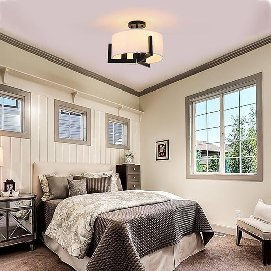 14 inch Black Semi Flush Mount Ceiling Light, 3-Light Modern Lighting Fixtures Ceiling Mount with White Drum Fabric Shade for Bedroom Entryway Hallway