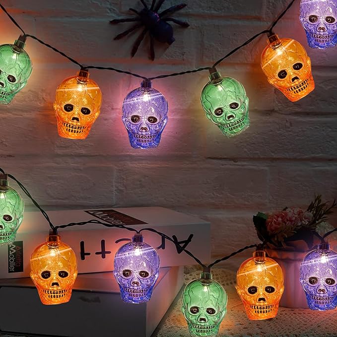 GOOTHY Halloween Skull String Lights 8.5Ft Outdoor Halloween Decorations Lights with 10 LED Orange Purple Green Skeleton Light, Plug in Skeleton Lights for Indoor Party Window Patio Bedroom Decor