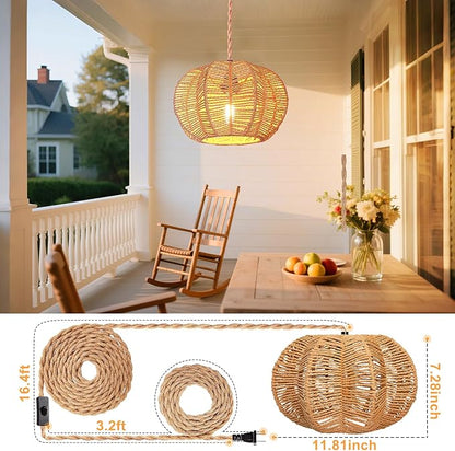 Hanging Light Fixture with Plug in Cord with on Off Switch, Rattan Pendant Lights Boho Lamp Ceiling Light, Plug in Pendant Light Hanging Lamp Shades for Living Room Decor Bedroom Kitchen