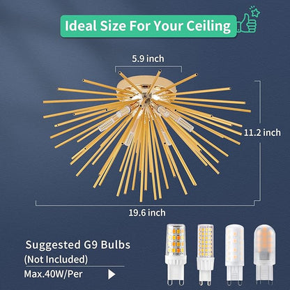 Sputnik Flush Mount Ceiling Light Fixture, 6-Light Gold Firework Ceiling Lights, 19.6" Modern Chandeliers Close to Ceiling Lamp for Bedroom Kitchen Hallway Entryway, G9 Socket