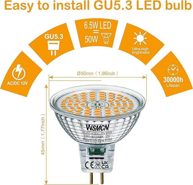 MR16 GU5.3 LED Bulbs 6.5W Replace 60W Halogen Equivalent 2700K Warm White 510Lm, 12V Low Voltage Non-Dimmable 120° Flicker-Free Spotlight for Landscape Track Lighting, Pack of 6