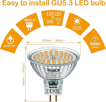 MR16 GU5.3 LED Bulbs 6.5W Replace 60W Halogen Equivalent 2700K Warm White 510Lm, 12V Low Voltage Non-Dimmable 120° Flicker-Free Spotlight for Landscape Track Lighting, Pack of 6