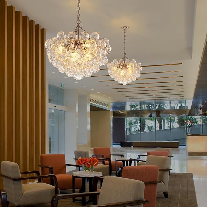 Hand Blown Glass Bubble Ball Chandelier Nickel-Plated 24" Pendant Lights Art Deco Cluster Ribbed Glass Swirled Globe Lighting for Dining Room Table Bar Bedroom Bathroom Entryway