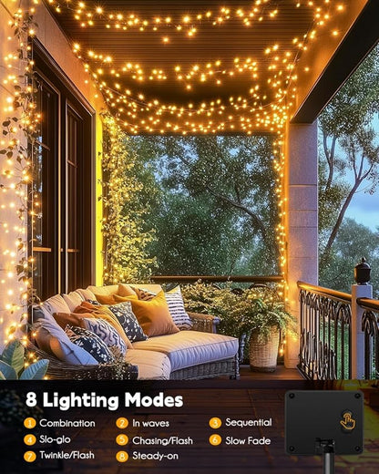 120LED 10FT Solar Fairy Lights Outside Waterproof, 8 Lighting Modes IP65 Outdoor Solar String Lights Outdoor Waterproof Firecracker Twinkle Light for Patio Yard Garden Party Decorations, Warm White