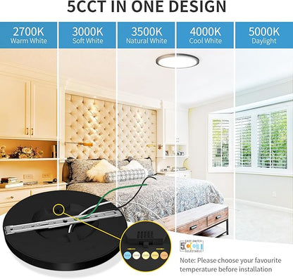 mw LED Flush Mount Ceiling Light, 12 Inch Round Black Ceiling Light, 25W 120V 5CCT, Dimmable, Close to Ceiling Light Fixtures for Bedroom, Kitchen, Hallway, Laundry