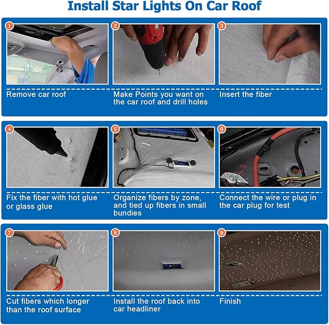 AMKI Mini 6W Starlight Headliner Kit 300pcs 0.03in 9.8ft,Twinkle+Sound Activated Fiber Optic Light 4Lamp Beam Starlight Box APP/Remote Control for Car Home Star Ceiling Decoration