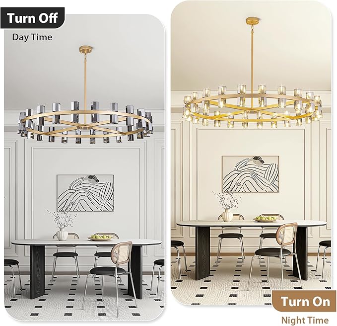 48-Light Large Gold Chandeliers for High Ceilings, 48 Inch Modern Crystal Wagon Wheel Chandelier, Farmhouse Industrial Round Chandelier Pendant Lighting Fixture for Dining Living Room Kitchen Foyer