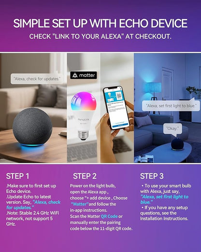 Matter Smart Light Bulbs, Color Changing Light Bulb, hub Required, A19 60W,2.4Ghz WiFi only,Compatible with Alexa Google Assistant, Apple Home,16 Million Colors RGBCW 800 Lumen,4 Pack