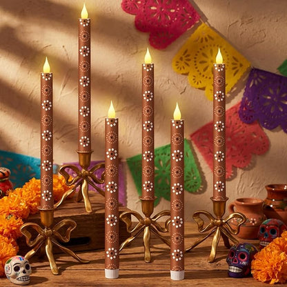 Honoson 6 Pcs Cielito Lindo Party Decorations Mexican Flameless Taper Candle 10.6 Inch Terracotta LED Candles Battery Operated Candlestick for Mexican Barro Home Cinco De Mayo Party Table Decor Gift