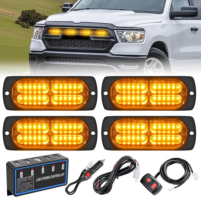 Nilight 4PCS LED Strobe lights 12V 24V Sync Feature Amber 24LED Emergency Hazard Warning Lights with Controller Hard Wire or Cigarette Lighter Plug for Car Truck RVs Campers