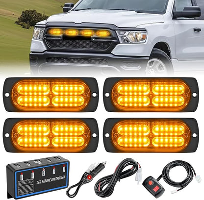 Nilight 4PCS LED Strobe lights 12V 24V Sync Feature Amber 24LED Emergency Hazard Warning Lights with Controller Hard Wire or Cigarette Lighter Plug for Car Truck RVs Campers