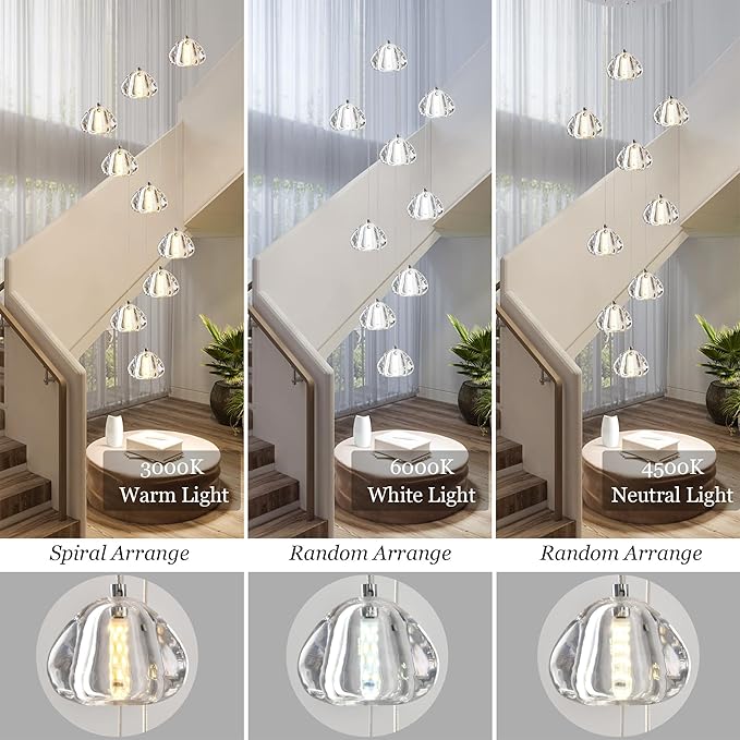 Modern Crystal Chandelier 9-Lights High Ceiling Raindrop Chandelier Lighting Fixture, LED Round Indoor Lighting Fixture Black for Foyer Staircase Living Room