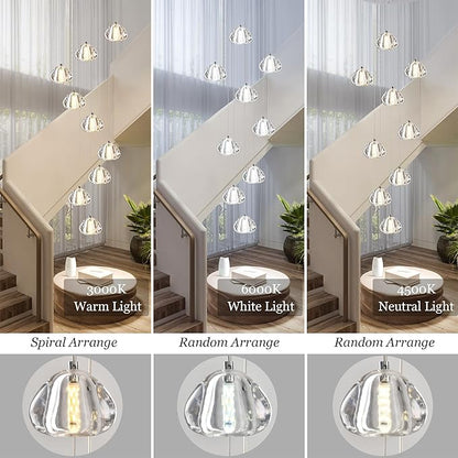 Modern Crystal Chandelier 9-Lights High Ceiling Raindrop Chandelier Lighting Fixture, LED Round Indoor Lighting Fixture Black for Foyer Staircase Living Room
