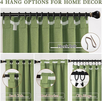DUALIFE Back Tab Curtains 132 Inch Length-Pocket Hook Belt Linen Long Drapes for High Ceiling Loft Living Room Thermal Insulated Light Blocking Drapes for Bedroom 2 Panels Set 50X132 Inches Sage Green