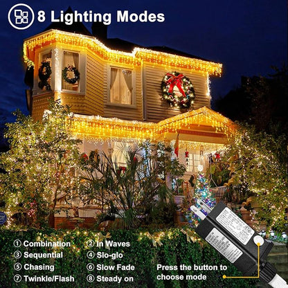 Warm White Christmas Lights Outdoor - 99ft 1216 LED 8 Modes Hanging Dripping Icicle String Lights with 228 Drops, Plug in Waterproof Timer Memory for House Home Holiday Yard Wedding Party Indoor