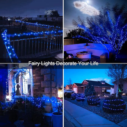 JMEXSUSS 4 Pack 100 LED Solar Fairy Lights, 33ft Blue Solar String Lights Outdoor Waterproof, 8 Modes Copper Wire Solar Twinkle Lights for Patio Garden Yard Tree Christmas Halloween Decor
