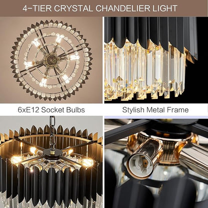 Black Crystal Chandelier 20'' K9 Crystal Round Pendant Lights Adjustable 4-Tier Large Modern Crystal Chandelier 6-Lights for Dining Room Living Room Kitchen Foyer Entryway