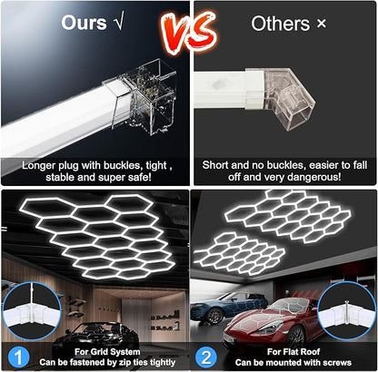 MODERN 18Grids Hexagon Garage Light: 72Pack 574W 70000LM High Brightness Hexagon Garage Lights-Easy Install Honeycomb Ceiling Lights for Warehouse, Gym Basement, Exhibition Hall