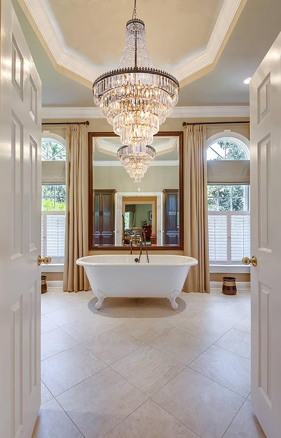 TOCHIC French Empire Crystal Chandelier Modern Farmhouse Chandelier Ceiling Light for Foyer Entryway High Ceiling, Vintage Antique Bronze Chandelier Light Fixture for Dining Living Room 28" W x 48" H