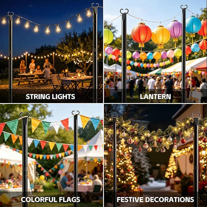10Ft String Light Poles 4 Pack,Poles for Outdoor String Lights with Fork and Fence Clamp,Hanging Lights Metal Stand Post for Deck Patio Backyard Garden Decorations