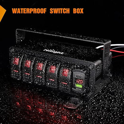 Nilight 5 Gang Rocker Switch Box 12V SPST ON Off Toggle Switches PD Type C and QC 3.0 USB Charger Voltmeter LED Light Waterproof Aluminum Mount Bracket Panel DIY Stickers for Boat Car RV Truck