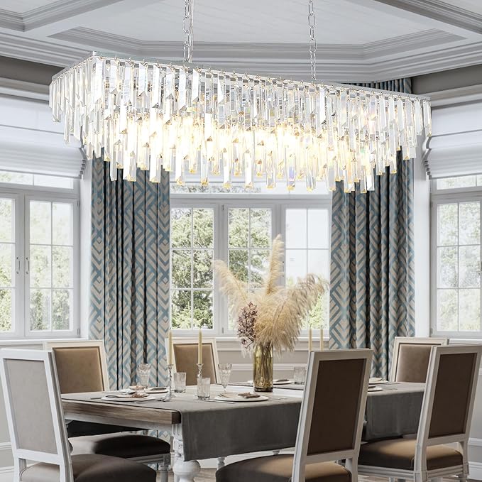 Dining Room Chandelier, 12 Lights Chrome Rectangle Crystal Chandeliers for Dining Room Kitchen Table Living Room Modern Rectangular Pendant Light Fixture 40"