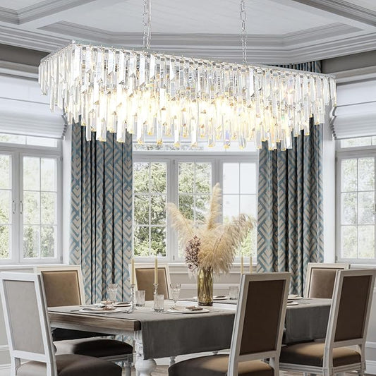 Dining Room Chandelier, 12 Lights Chrome Rectangle Crystal Chandeliers for Dining Room Kitchen Table Living Room Modern Rectangular Pendant Light Fixture 40"