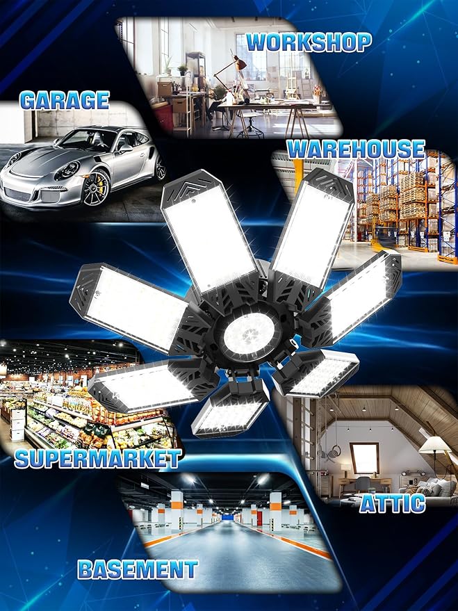 LED Garage Light 200W, 2 Pack 20000LM Bright Garage Lights Ceiling Led with 7 Adjustable Panels, 6500K Shop Lighting Screw in E26/E27 Bulb Socket, LED Lights for Shop Barn Basement Bay