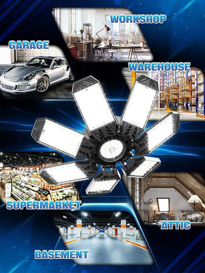 LED Garage Light 200W, 2 Pack 20000LM Bright Garage Lights Ceiling Led with 7 Adjustable Panels, 6500K Shop Lighting Screw in E26/E27 Bulb Socket, LED Lights for Shop Barn Basement Bay