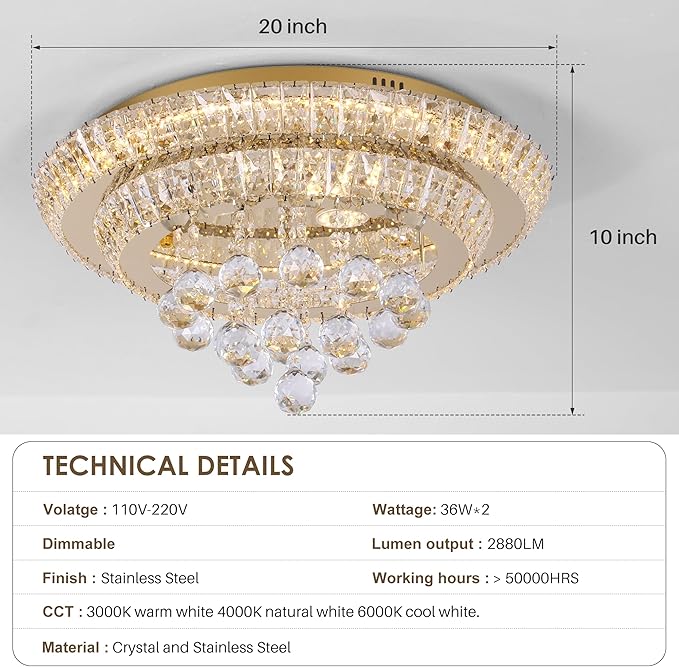 Miuyhji Large LED Crystal Raindrop Ceiling Light,Rose Gold, 20" Elegant Semi Flush Mount Chandelier Light Fixture with Remote Control for Living Room Kitchen Bedroom Hallway Entryway Foyer(Dimmable)