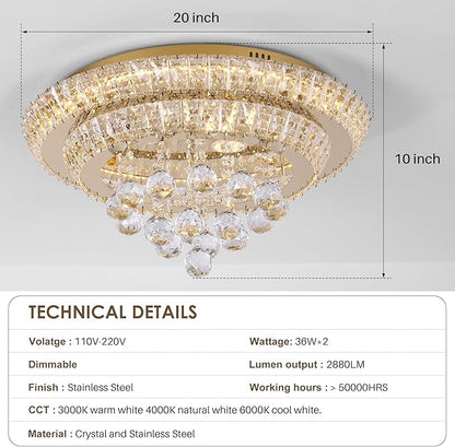 Miuyhji Large LED Crystal Raindrop Ceiling Light,Rose Gold, 20" Elegant Semi Flush Mount Chandelier Light Fixture with Remote Control for Living Room Kitchen Bedroom Hallway Entryway Foyer(Dimmable)