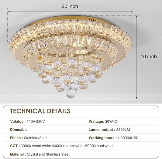 Miuyhji Large LED Crystal Raindrop Ceiling Light,Rose Gold, 20" Elegant Semi Flush Mount Chandelier Light Fixture with Remote Control for Living Room Kitchen Bedroom Hallway Entryway Foyer(Dimmable)