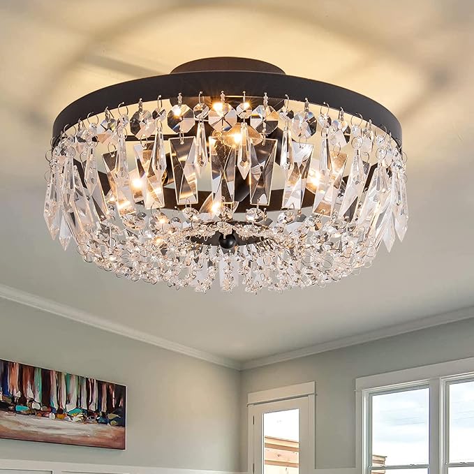 KSRYSZCQ Black Crystal Ceiling Light, 15''Modern Semi Flush Mount Ceiling Light Fiture 4-Light Crystal Chandelier with E12 Bulb for Dining Room, Kitchen Island, Bedroom Hallway