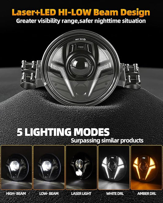 7'' LED Motorcycle Headlight Conversion Kit with Housing Bucket - Laser Projector High Beam (2600ft), White/Amber DRL, Fork Mount Brackets (34-42mm) - Universal for Cafe Racer Bobber Sportster