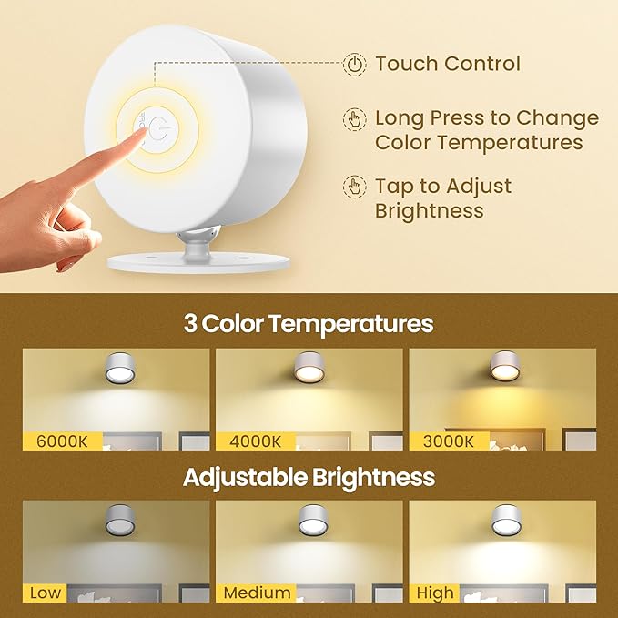Wall Mounted Lamp LED Wall Lights with Rechargeable Battery Operated, 3 Color Temperatures & 3 Brightness Levels 360°Rotate Magnetic Ball, Cordless Sconces for Reading Bedroom Bedside,White-2 Pack