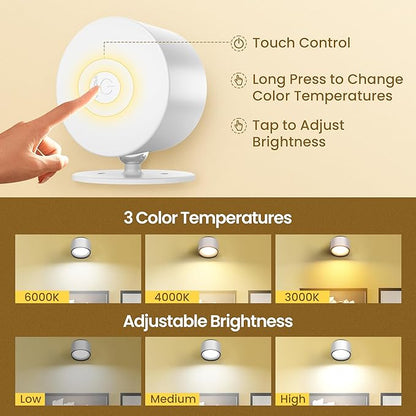 Wall Mounted Lamp LED Wall Lights with Rechargeable Battery Operated, 3 Color Temperatures & 3 Brightness Levels 360°Rotate Magnetic Ball, Cordless Sconces for Reading Bedroom Bedside,White-2 Pack