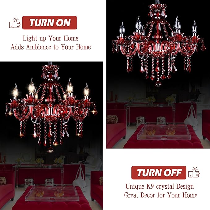 Bagood Red 6 Lights K9 Crystal Candle Chandeliers Lighting Modern Pendant Lights Crystal Modern Chandelier Candle Chandelier Lighting for Living Room Bedroom Hallway Entry E12 Base, H22 x W23.6 Inch