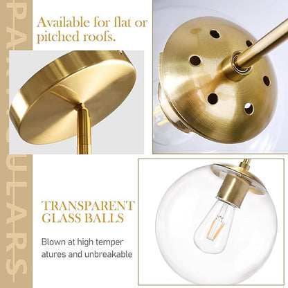 Bagood 10 Inch Globe Pendant Light Gold Mid Century Pendant Light Adjustable Hanging Light Fixture Globe Pendant Lights Kitchen Island Clear Glass with Brass Finish for Dining Room
